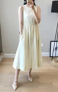

Women Dress 2019 New Cream Yellow Sleeveless Elastic Dress