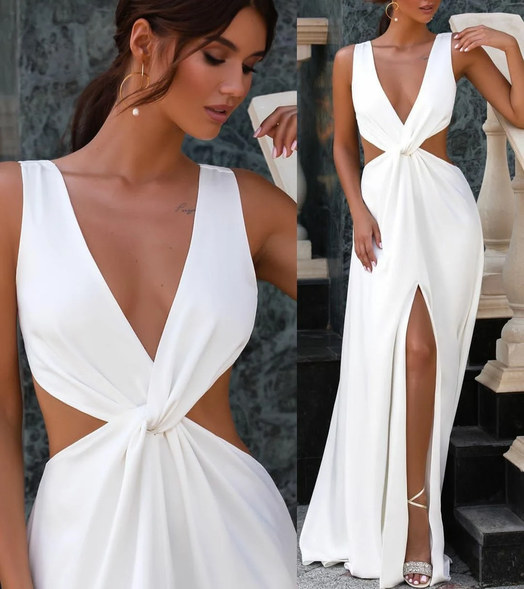 

Sexy Deep V-Neck Long White Evening Dresses with Pockets A-Line Open Back Chiffon Abendkleider Robes de Soirée for Women