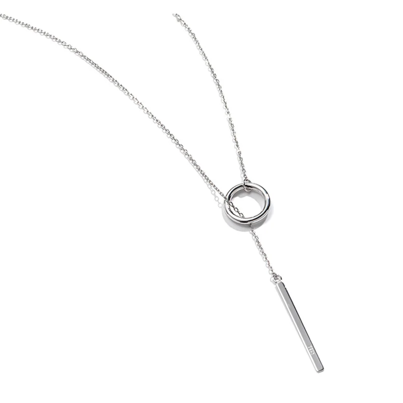Trendy 925 Sterling Silver Circle AAA Zirconia Long Chain Necklace Shiny Stick Pendants Necklace For Girl Gift Fine Jewelry pendant necklace silver necklace