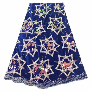 

Sequined African royalblue Lace Fabric Nigerian Evening Dresses Sewing Fabrics 2019 velvet High Quality Sequins Mesh For Wedding