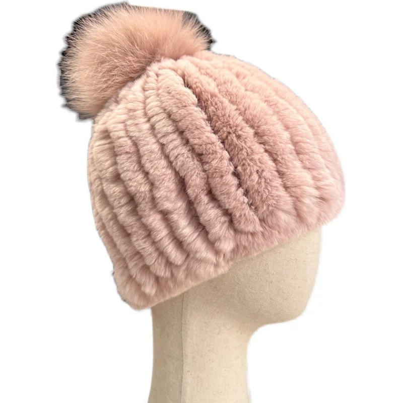 

Knit Real Rex Rabbit Fur Hat with Fox fur Pompom Genuine Fur Hat Winter Warm Caps Women Soft Ski Beanies