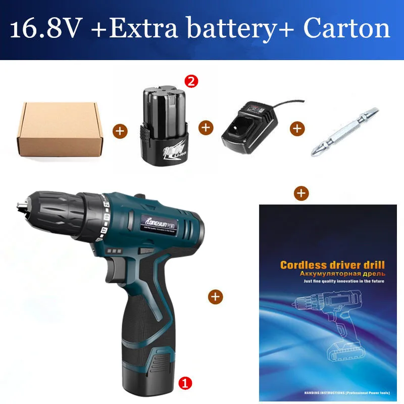 16.8V 2 battery LONGYUN Перезаряжаемые литий Батарея беспроводной домашний, алюминиевая крышка, 25В электрическое сверло стены 16,8 V электрическая отвертка с Пластик чехол - Цвет: 16.8V 2 battery