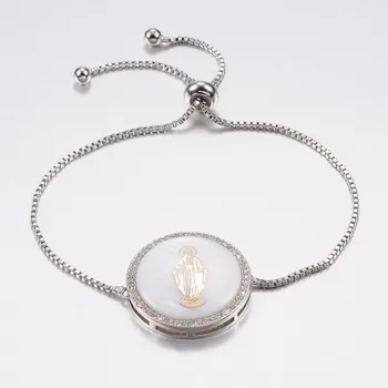 

6pcs Adjustable Brass Micro Pave Virgin Mary Shell Bolo Bracelets Slider Bracelets with Brass Box Chains Flat Round 260mm Long