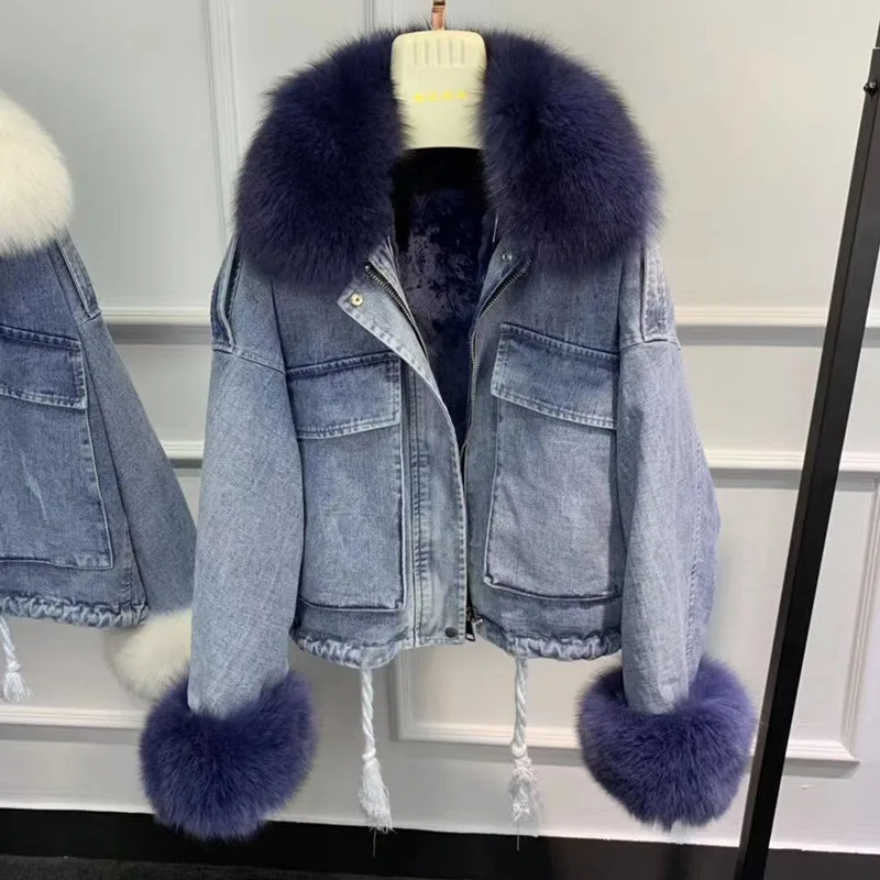 blue coat navy fur Женское меховое пальто, парки из натурального меха, куртка с воротником из натурального меха лисы и манжетами, парка, деним с мехом, верхняя одежда из кроличьего меха, подкладка из русского меха - Цвет: blue coat navy fur