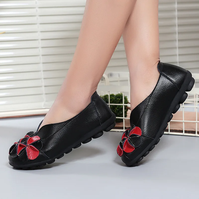

Plus Size Genuine Leather Slip-On Womens Flat Casual Shoes Comfort Loafers Ladies Mother Shoes Zapatillas Mujer Ballet Designer