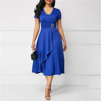 

Elegant Women Dress 2020 Summer Solid High Waist Short Sleeve Dress with Irregular Hem In Front for OL Ladies Party