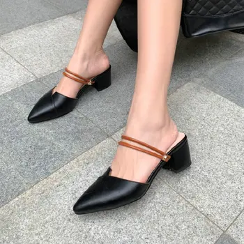 

Sianie Tianie pointed toe celebrity woman's shoes chunky high heels elegant ladies slip-on slides mules classic women sandals