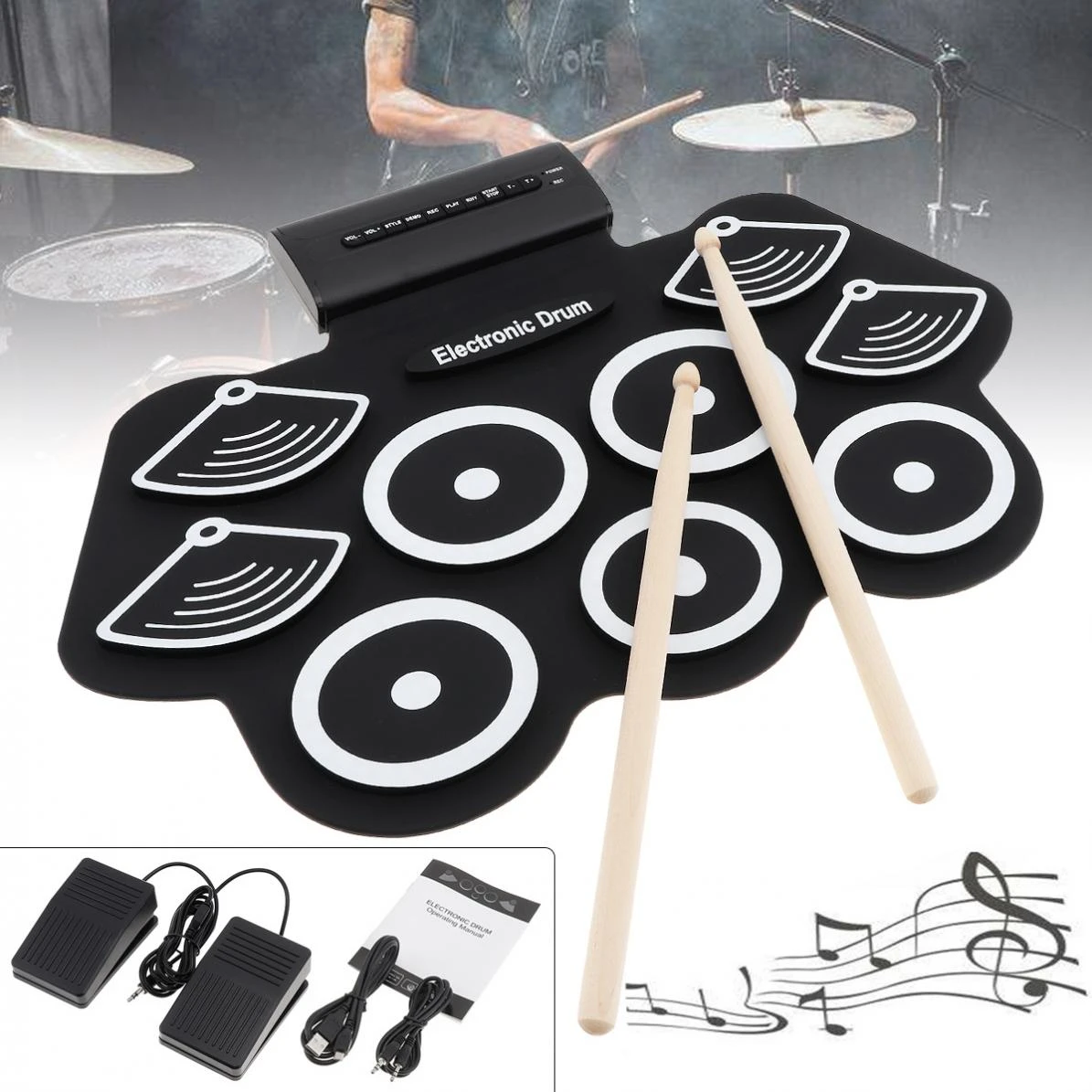 9 Pads Electronic Roll Up Thicken Silicone Drum Electric Drum Kit With Drumsticks And Sustain