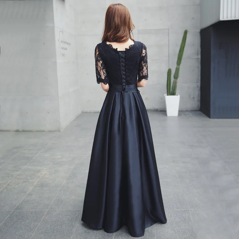 BacklakeGirls, длинные Сатиновые вечерние платья,, круглый вырез, половина рукава, ТРАПЕЦИЕВИДНОЕ вечернее платье, Черное вечернее платье, Vestaglia Donna