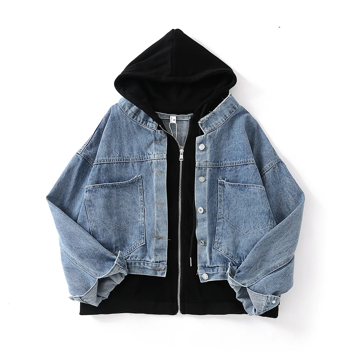 

A2sy-2154 Hooded Zipper Long Sleeve Jeans Coat