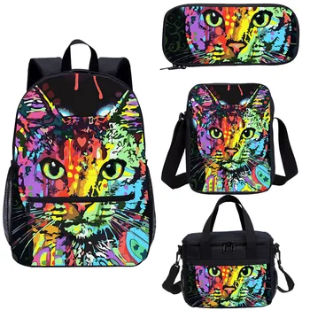 

Colorful Cat Print Children Backpack 4 Pcs Set Tennager Animal Bag for Boy and Girl High Class Student School Book Bag