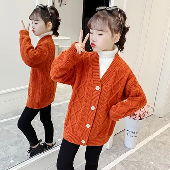

Good Quality Kids Girls Sweaters Pure Color Single Button Cardigans for Teenager Fall Warm Knitted V-neck Coats New Year Clothes