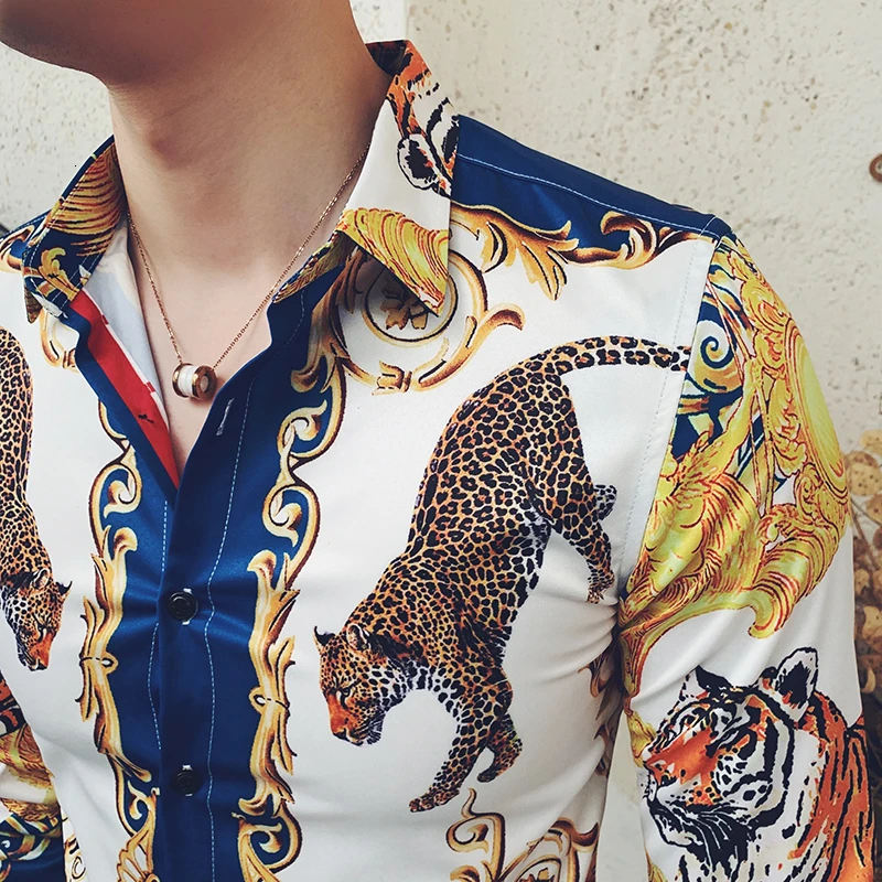 Гавайская рубашка, повседневная мужская рубашка, Мужская одежда, Camisa Homem, весна, уличная одежда, длинный рукав, принт с животными, мужская рубашка