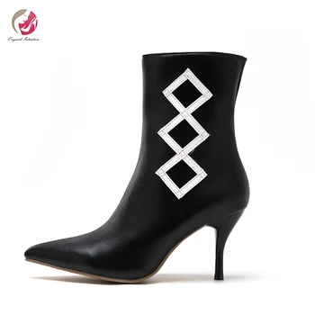 

Original Intention Stylish Square Decoration Ankle Boots Woman Black Thin High Heels Mixed Color Pointed Toe Shoes WomanSize5-15