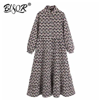 

Vintage Stylish Floral Print Buttoned Pleated Midi Dress Women 2019 Fashion lapel Long Sleeve Dresses Casual Vestidos Mujer