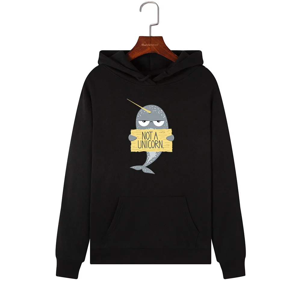 black SINGRAIN Забавный Рог толстовки с принтом рыбы для женщин Harajuku негабаритных Hoddies не единорог мультфильм толстовка с капюшоном koya Print Polerones - Цвет: black