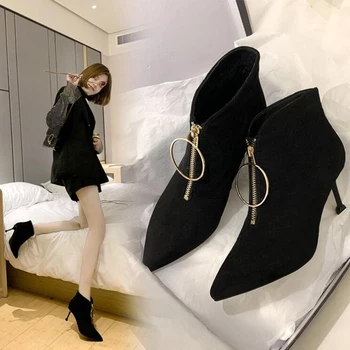 Winter Boots Women Shoes Woman Boots Fashion High-heeled Retro Ankle Boots Winter Flock Boots 2019 Short Plush Fur Warm Boot tanie i dobre opinie Navyancy Fits true to size take your normal size Pointed Toe Solid Thin Heels Basic Microfiber Rubber zipper High (5cm-8cm)