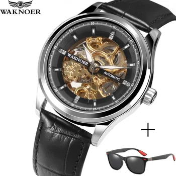 

WAKNOER New Luxury Skeleton Men's Watch Men Mechanical Watch Leather Automatic Men Watch Luminous Waterproof Watches Brand Clock