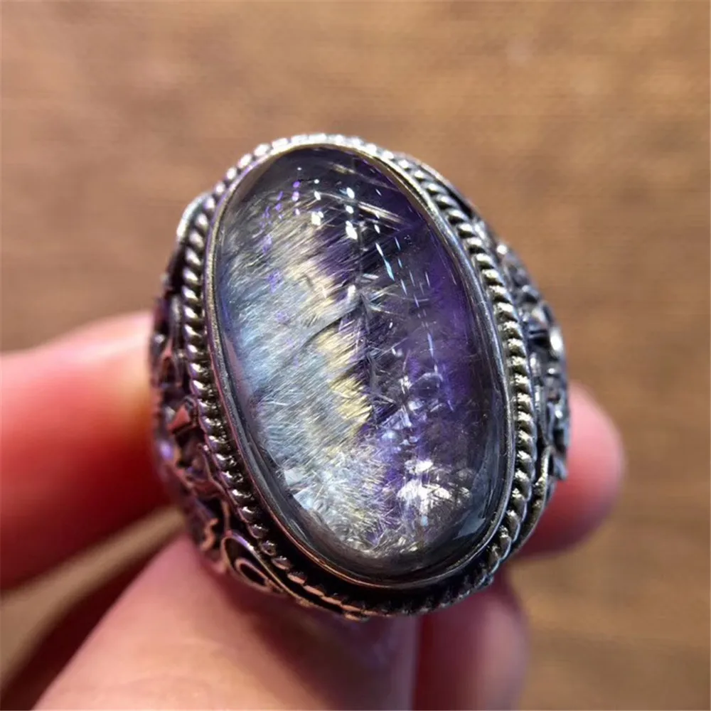 

21x12mm Top Natural Brookite Silver Rutilated Quartz Ring For Woman Man Lucky Stone Crystal Stone Adjustable Ring Jewelry AAAAA