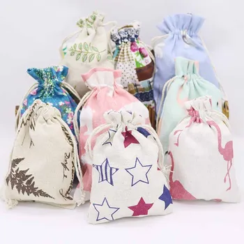 

10 pcs 13x18cm new style cotton linen fabric dust bag socks/choolate /candy /ribbon receive bag home flamingos /flowers gift bag