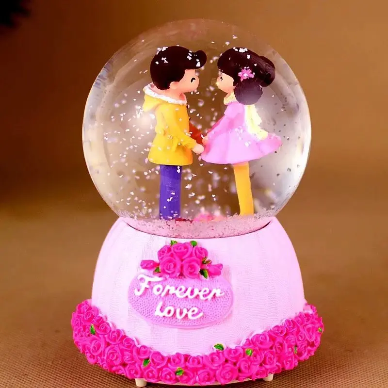 Crystal Ball Music Box Pink Girl Lovers Star Moon Rainbow Unicorn Glowing Snowflakes Music Box Home Decoration Desktop Ornament 3