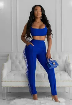 

Summer Women Sexy 2 Piece Set Casual Vestidos Square Collar Spaghetti Strap Tassel Solid Blue Bodycon Fashion Female Party Suits