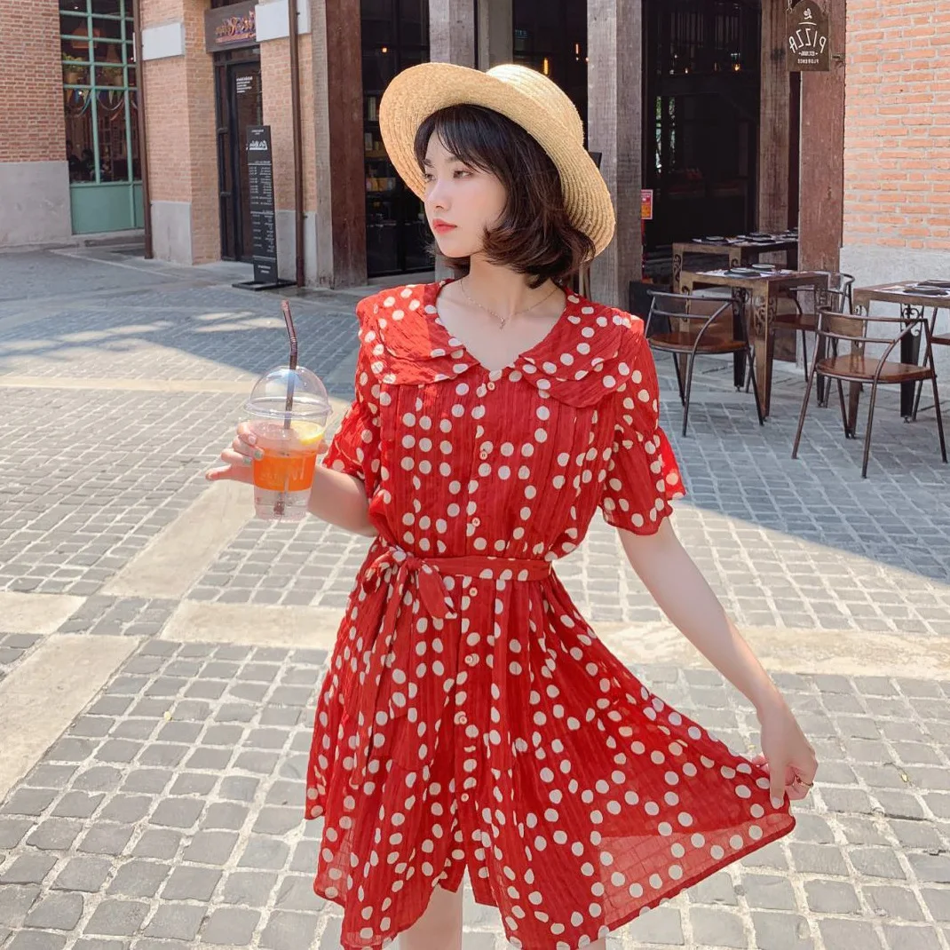 

Photo Shoot INS First Love MORI Series Chiffon Red Polka Dot Mid-length Double Layer Peter Pan Collar Waist Hugging Flounced Dre