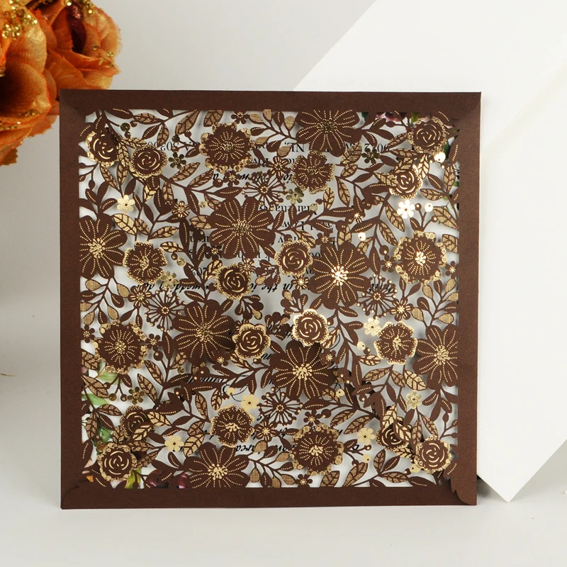 

1pcs sample card Blue Gold Square Wedding Invitation cards with Envelope Laser Cut Hollow Gold Foil Flower Bridal Shower Party