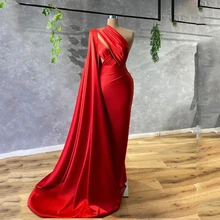 

Red Satin Charming Elegant Mermaid Evening Dresses One Shoulder With Long Train Women Formal Prom Pageant Gowns Custom Made