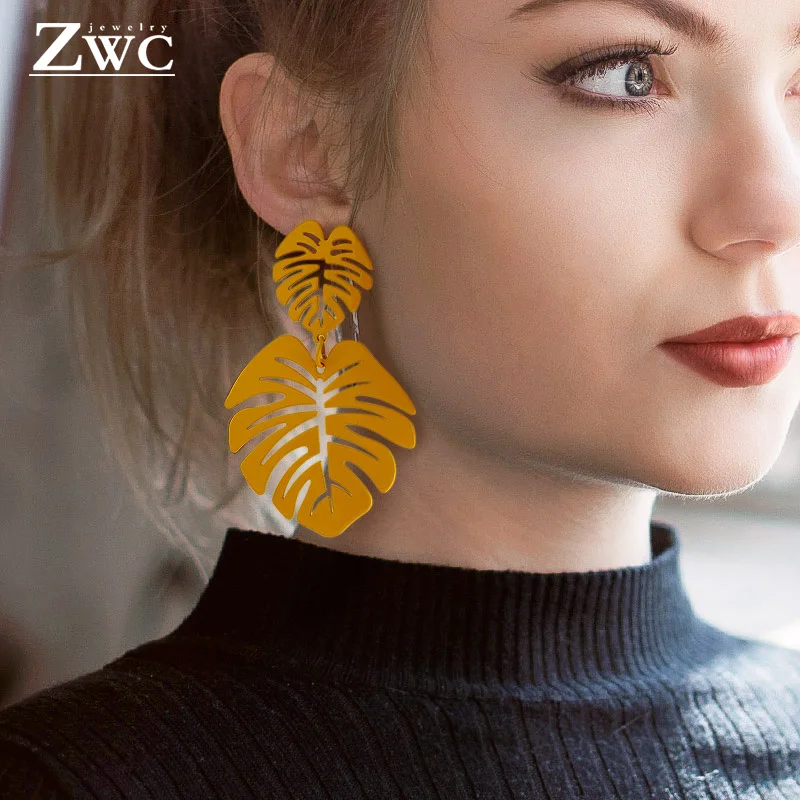 

ZWC 2019 Fashion Statement Big Leaf Drop Earrings for Women Vintage Geometric Yellow Green Long Hollow Metal Earring Jewelry