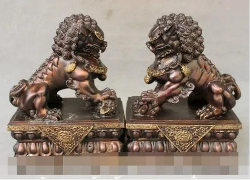 YM 316 10 Folk Chinese FengShui Bronze Gilt Guard Fu Foo Dog Lion Ball Seat Statue Pair | Дом и сад