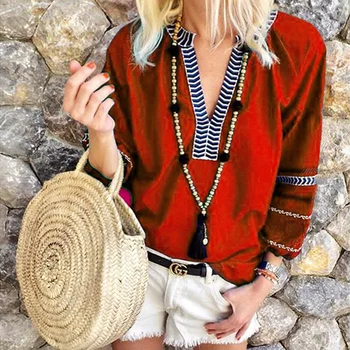 

2019 Summer Women Orange Casual Deep V-Neck Half Sleeve Boho Ethnic Style T-Shirt Fashion Striped Pleated Female Tops 2 Colors