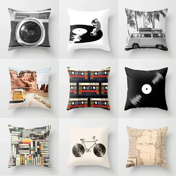 

2019 New Retro Black White Printed Pillowcase Nostalgic Record Camera Polyester Sofa Cushion Cover Decorations for Home Decor