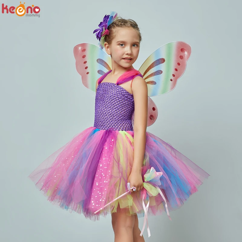 Girls Butterfly Fairy Fancy Tutu Dress Wings Costume Kids Princess Birthday Party Halloween Cosplay Kids Spring Tulle Dress