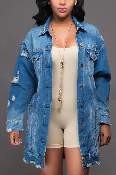 Женская длинная джинсовая куртка в европейском и американском стиле, элегантное женское повседневное пальто большого размера с дырками, джинсовая Ветровка синего цвета