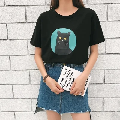 Harajuku/Милая футболка с принтом кота для женщин, друзей, подростков, студентов, эстетическая футболка 90 S, свободная шикарная черная белая футболка в Корейском стиле