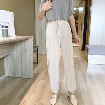 

High Waist Beam Feet Lounge Pants Ice Silk Female 2020 Spring and Summer New Ladies Sports Pants Loose Feet Sleeping Pants