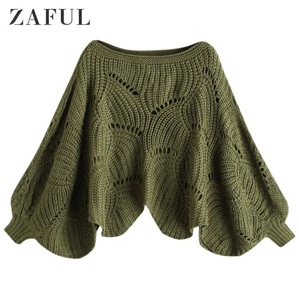 ZAFUL, вязаный пуловер с рукавами-фонариками и зубчатым подолом, свитер с вырезом-лодочкой, свободные осенне-зимние милые топы для женщин