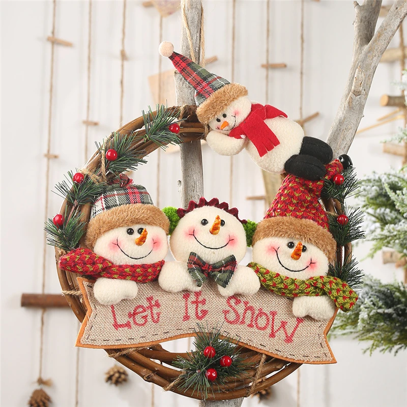 Рождественское кольцо с подвеской в виде снеговика из ротанга, Рождественский Декор для дома, Рождественский кулон в виде лося, елки, Рождественский Декор Noel, год - Цвет: SnowmanRattan circle