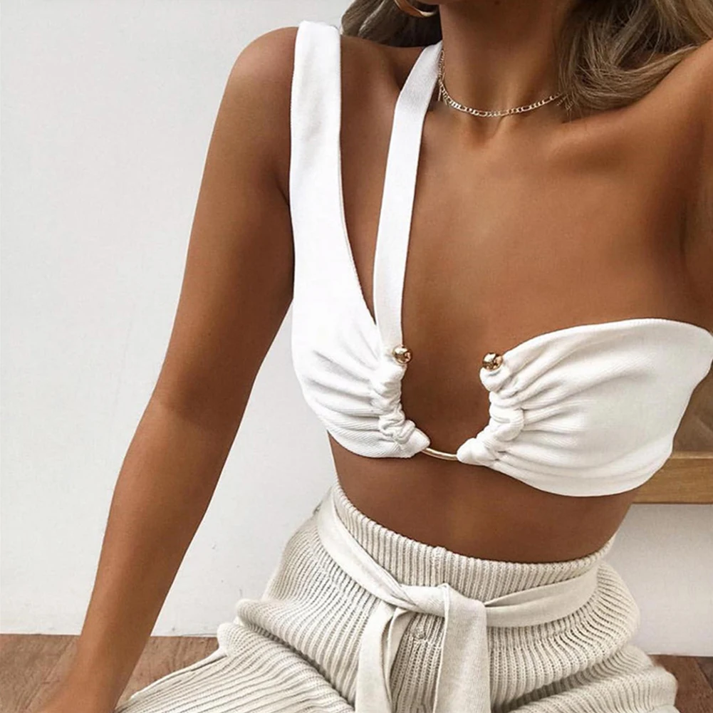 

Women Crop Tube Top Non Slip Irregular Sexy Metal Decorative One Shoulder Solid Summer Polyester White Fashion Soft Comfortable