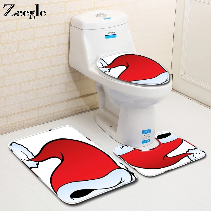 Zeegle Christmas Bath Mat Set Flannel Toilet Cover Seat Mat Anti-slip Bathroom Shower Mat Absorbent Bathroom Toilet Pedestal Rug