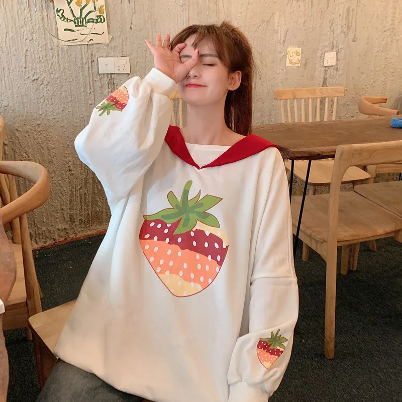 Lychee, Harajuku, клубника, Женские флисовые кофты, матросский воротник, свободные женские пуловеры, хлопок, весна, осень, зима, женские топы