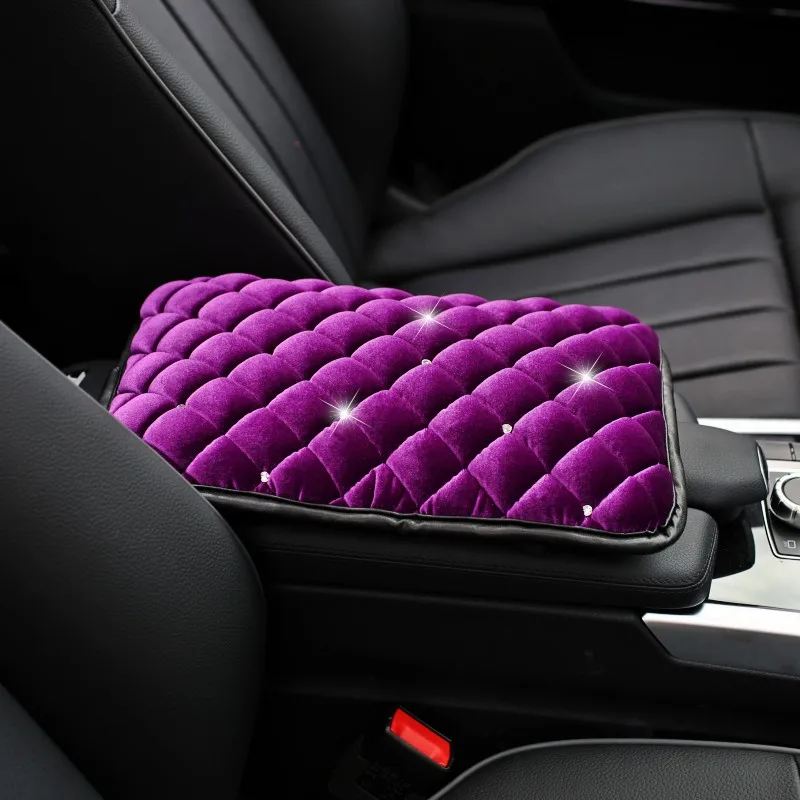 

Car Decoration Armrest Pad Cushion Short Plush Women Rhinestone Covered Luxury Auto Interior Accessories for Girls Women