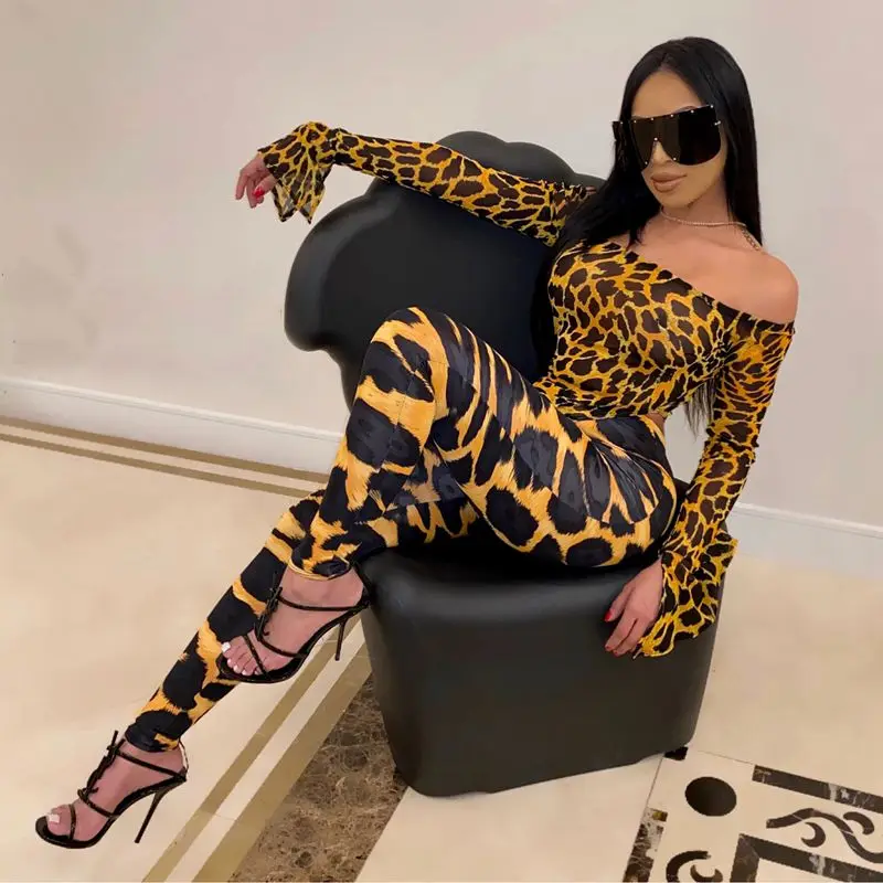 

HAOYUAN Sexy Leopard Snake Print Two Piece Set Women Festival Clothing Bodysuit Top and Pants 2 Piece Club Outfits Matching Sets
