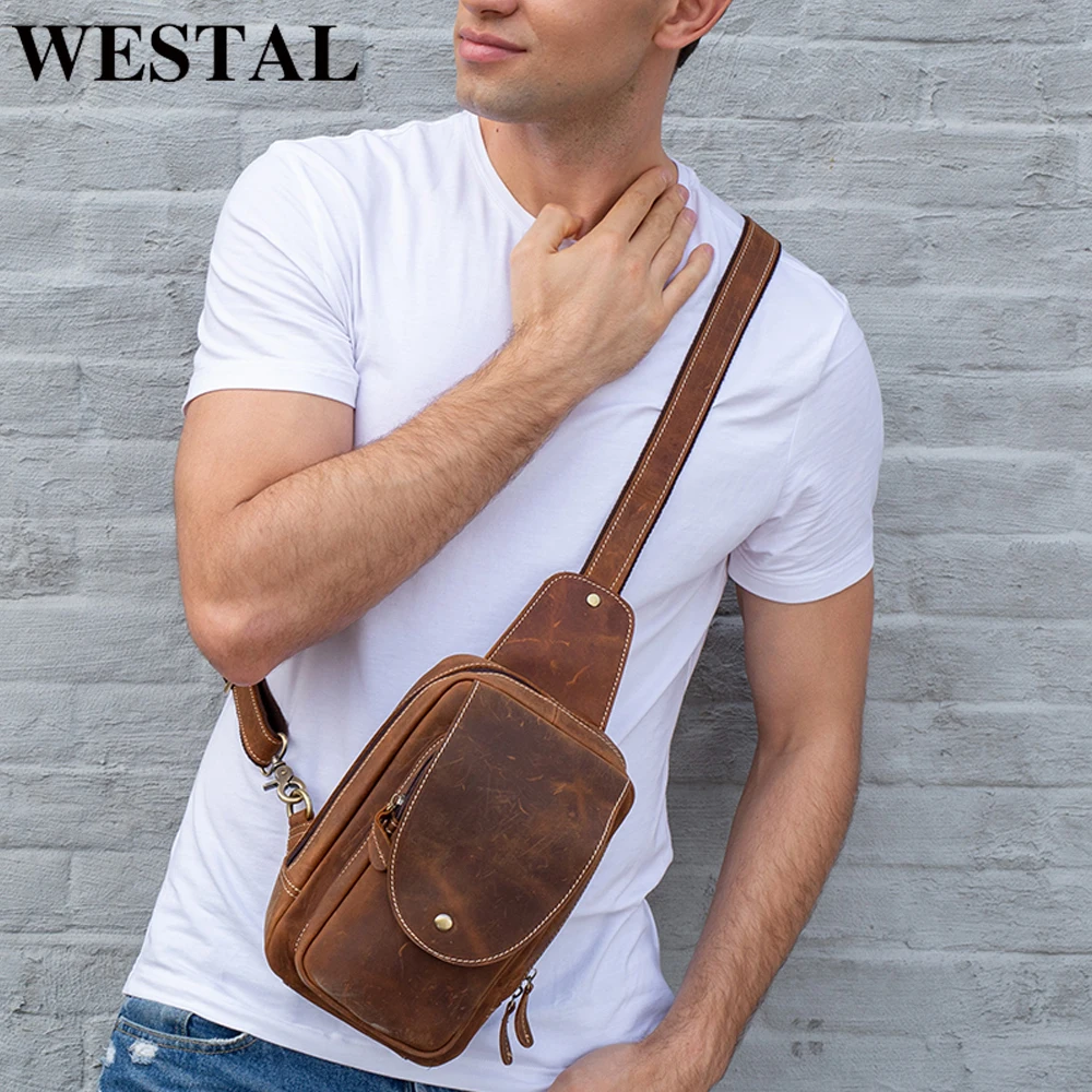 Westal Men's Genuine Leather Sling Bags Men's Messenger Chest Bag