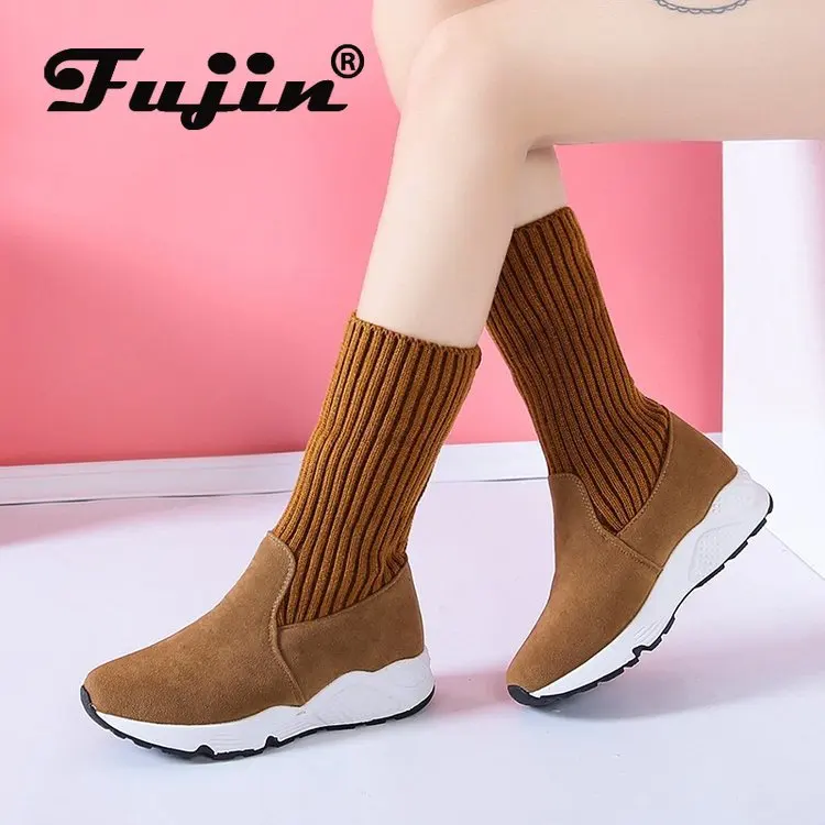 Fujin Women Snow Boots Knitting Flock Platform Plush Fur Booties Suede Warm Shoes Women Winter Boots Snow Sneakers