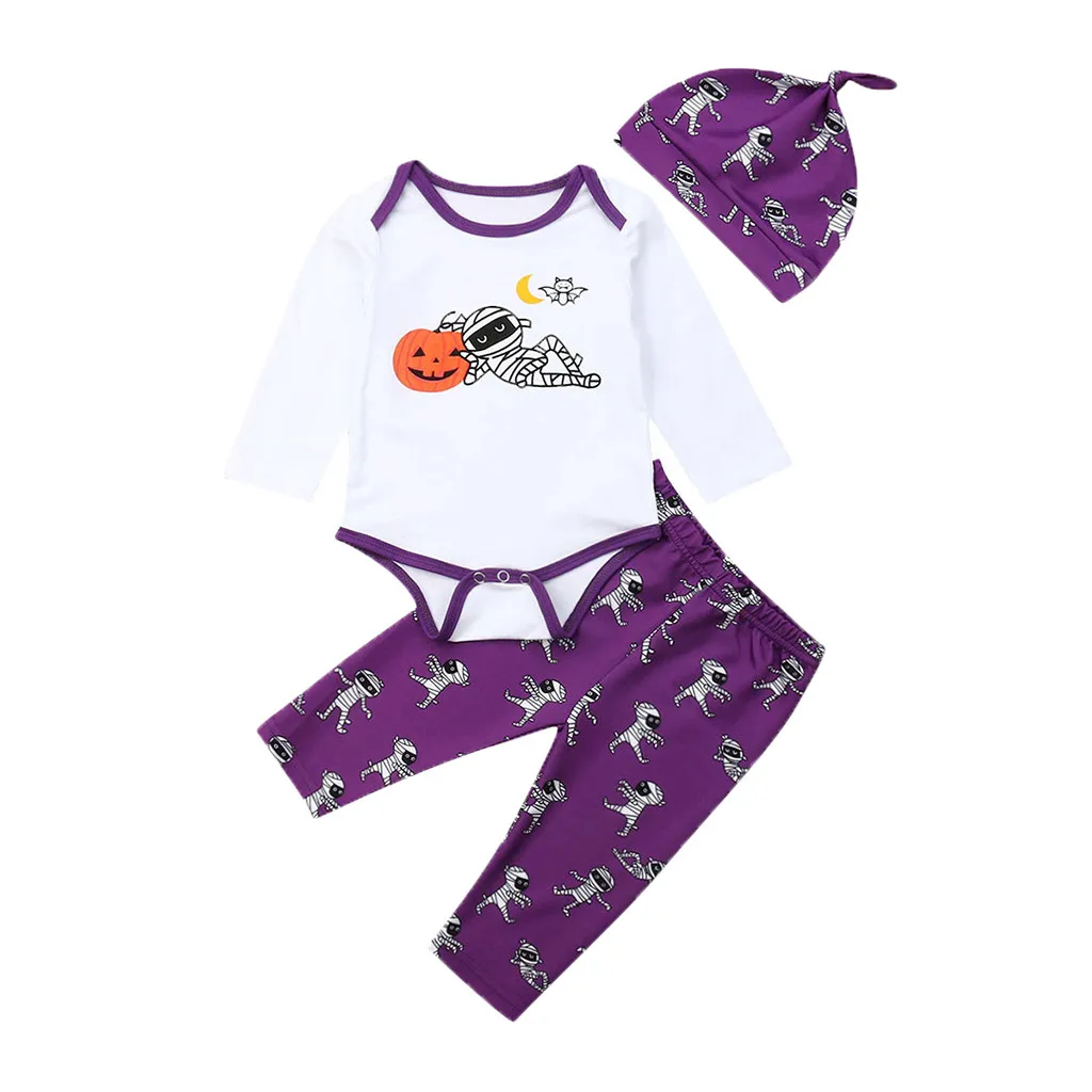 Festival-wear Clothes Newborn Infant Clothing set Baby Boy Girl Costume Halloween Print Romper Ghost Pumkin Mummy Pants Hat Set