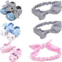 Нескользящая детская обувь для новорожденных, повязка на голову, 2 предмета, для девочек, мягкая подошва, хлопок, для малышей 0-18 месяцев