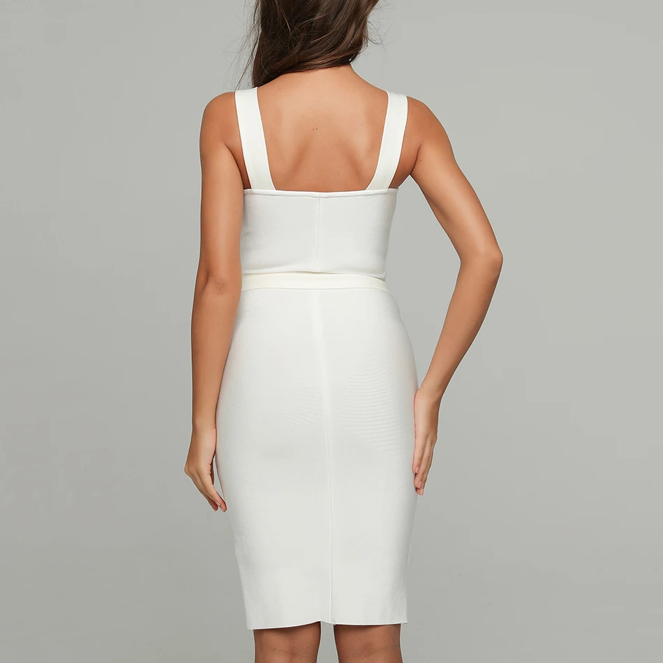 Elegant White Sleeveless Bandage Midi Dress Lady Sexy V-neck Belt Zipper Autumn Winter Bodycon Dress Women Dress Vestidos