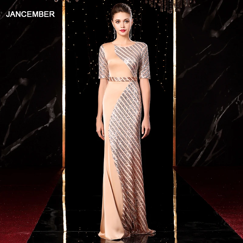 

J20104 jancember evening dresses lebanon o-neck half sleeve sequin lace woman long dress vestiti eleganti donna cerimonia sera